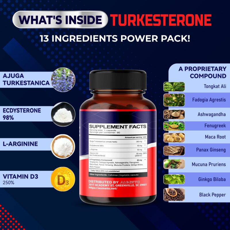 Turkesterone 12950mg w L-Arginine Tongkat Ali Ginseng Maca Root VIT D3- Energy Workout Memory Support - Image 3